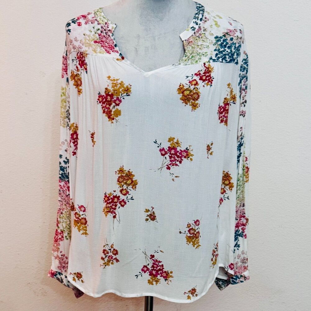 Lucky Brand XL Gauzy Blouse Top White Multi Floral Lightweight Boho